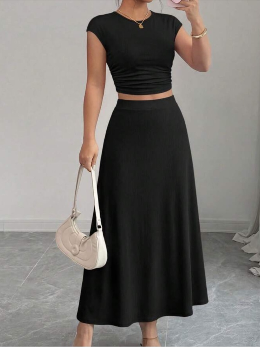 Black Ribbed A-Line Maxi Skirt and Crop To Set
